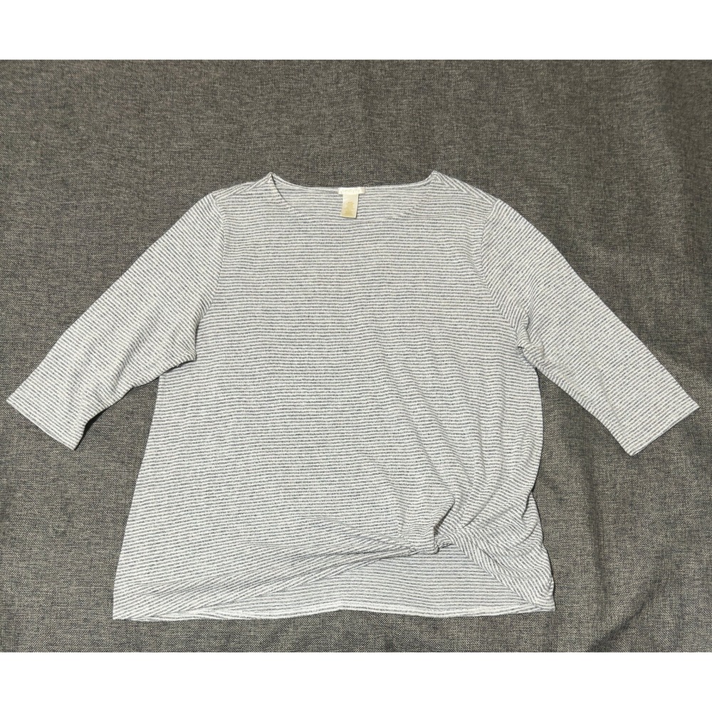 Matty M Womens XXL Top Striped Twist Front 3/4 Sleeve Grey White